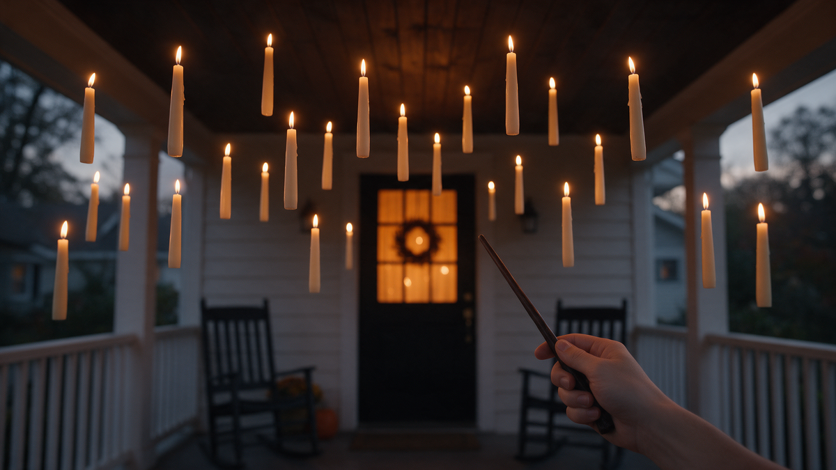 Hollowick candles floating under a porch ceiling at dusk, lit with a flick of the wand