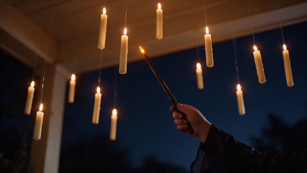 A hand in a witch costume sleeve pointing the Hollowick wand at floating candles
