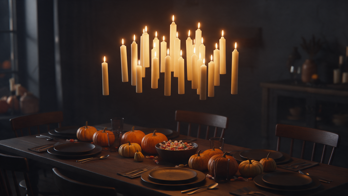 Hollowick candles floating above a Halloween dinner table