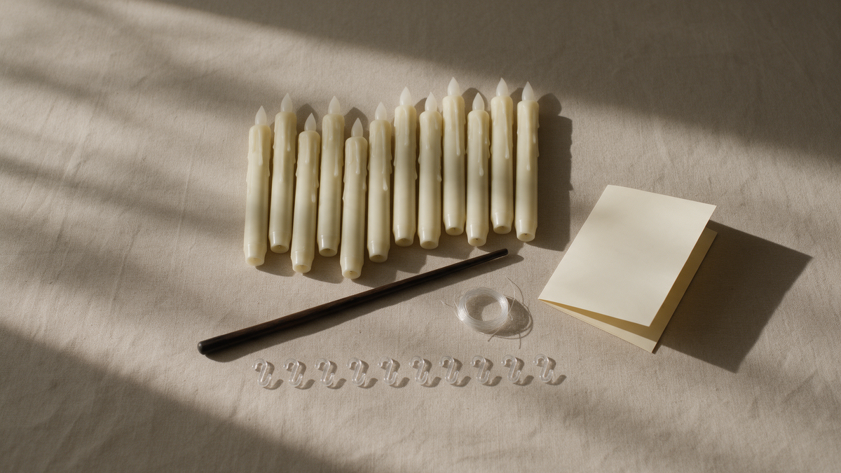 Everything in the Hollowick box: twelve candles, the wand, clear line and ceiling hooks