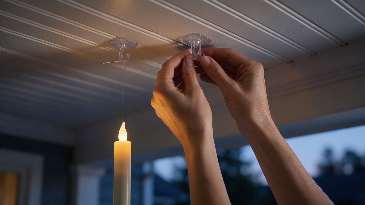 Pressing a clear hook to the porch ceiling with a lit Hollowick candle hanging beside it