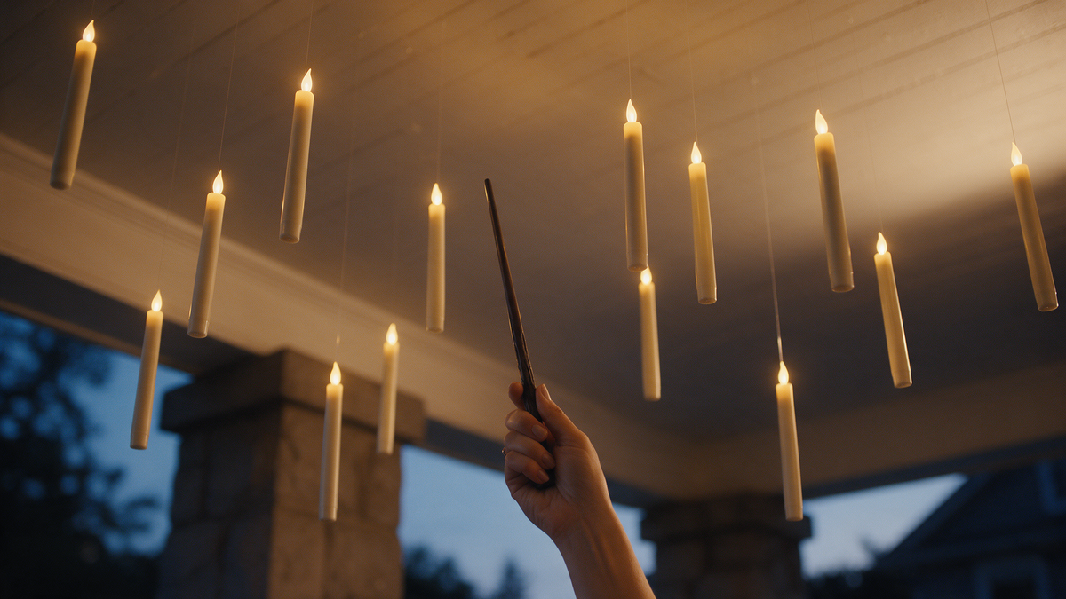 Pointing the Hollowick wand at a ceiling of lit floating candles on a porch at dusk